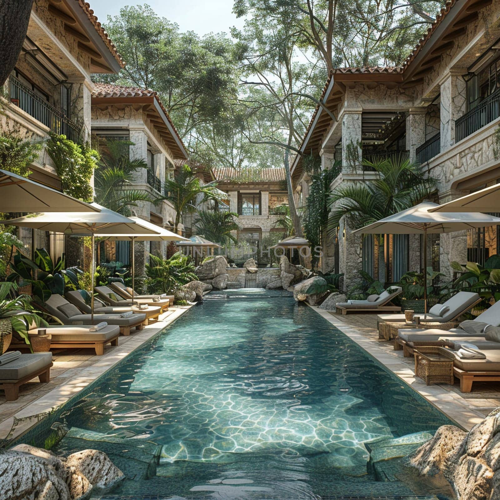 Tropical resort pool area with cabanas and a swim-up bar