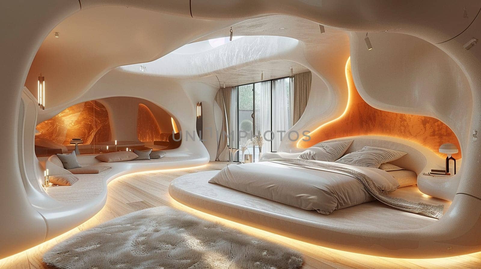 Futuristic bedroom with dynamic lighting and modular furniture