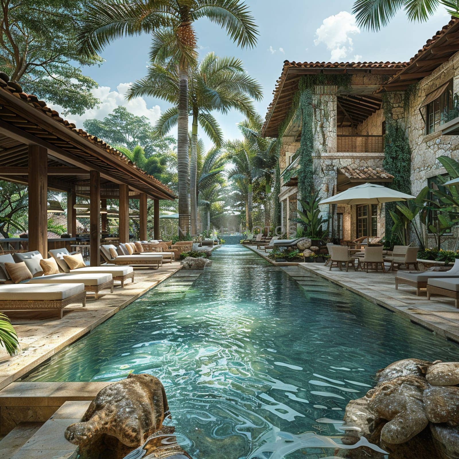 Tropical resort pool area with cabanas and a swim-up bar by Benzoix