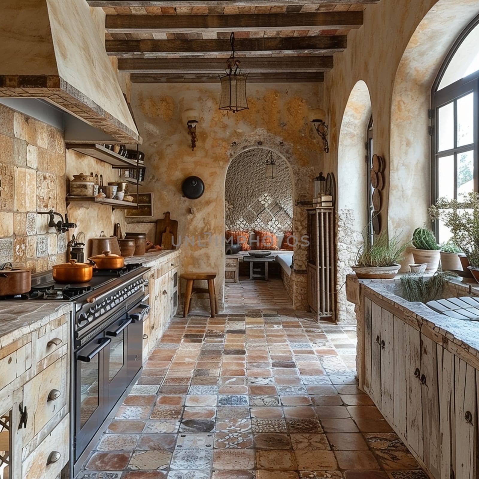 Mediterranean-style kitchen with terracotta tiles and iron accents