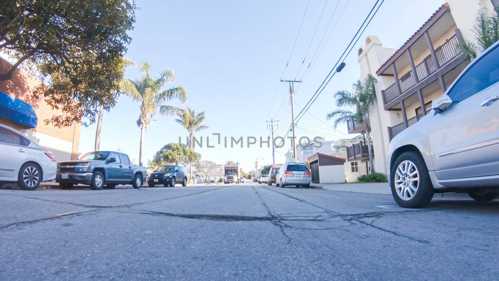 Santa Maria, California, USA-December 6, 2022-Car driving through the streets of Pismo Beach town, California during winter.