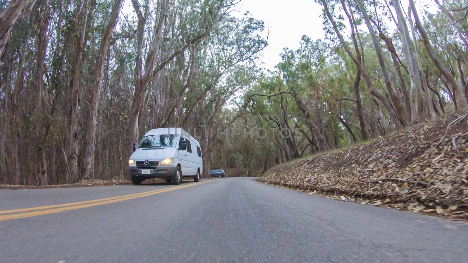 Santa Maria, California, USA-December 6, 2022-In this serene winter scene, a vehicle carefully makes its way along Los Osos Valley Road and Pecho Valley Road within Montana de Oro State Park.