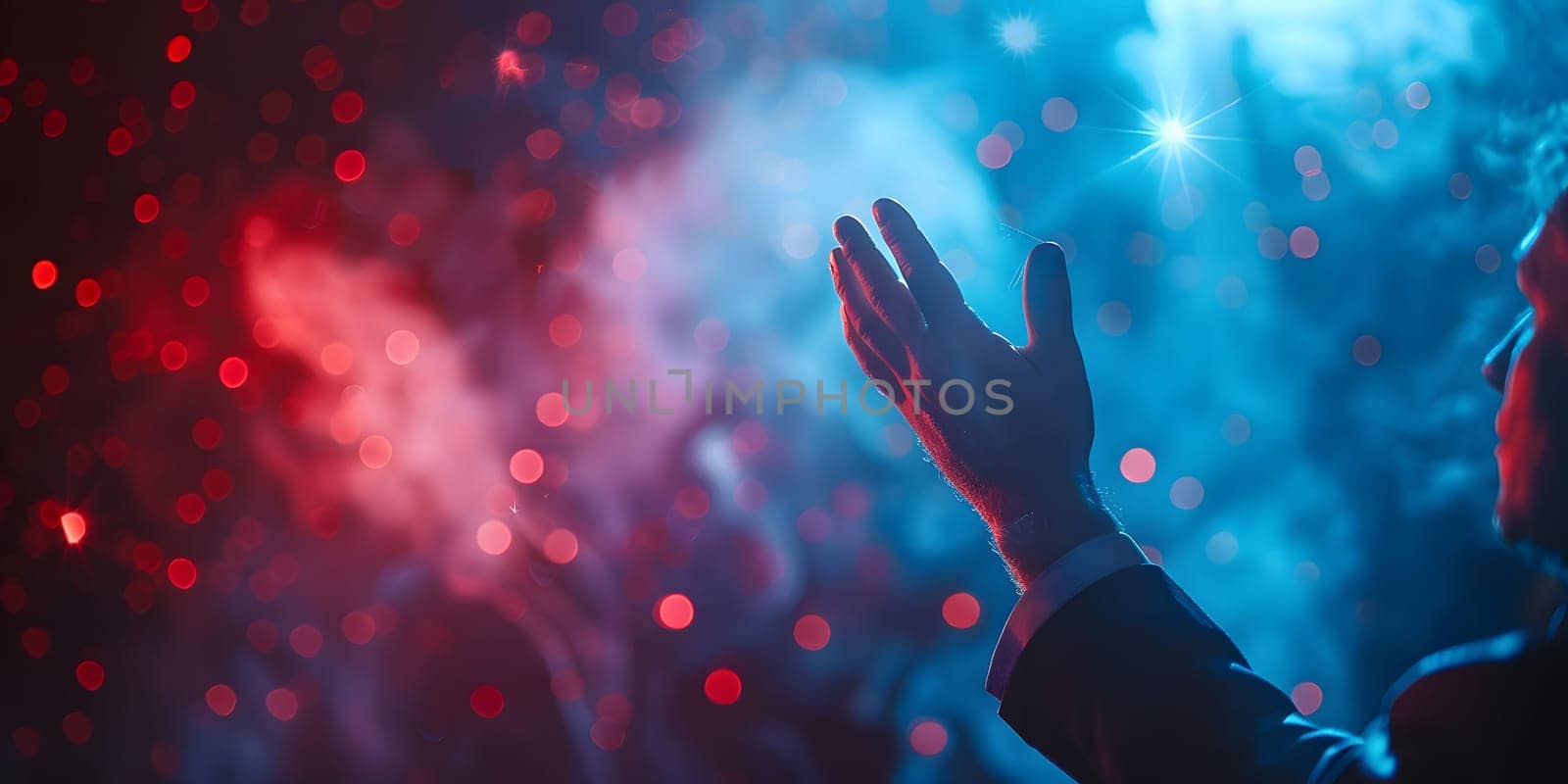 Image of man magician showing trick against color background. High quality photo