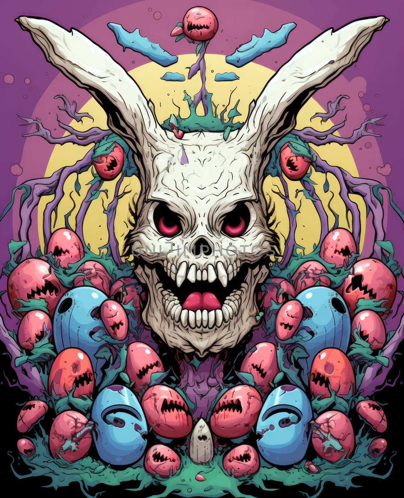 Happy Easter. Cartoon horror illustration of an alternative version of Easter celebration by monster rabbit in a psychedelic pop art style