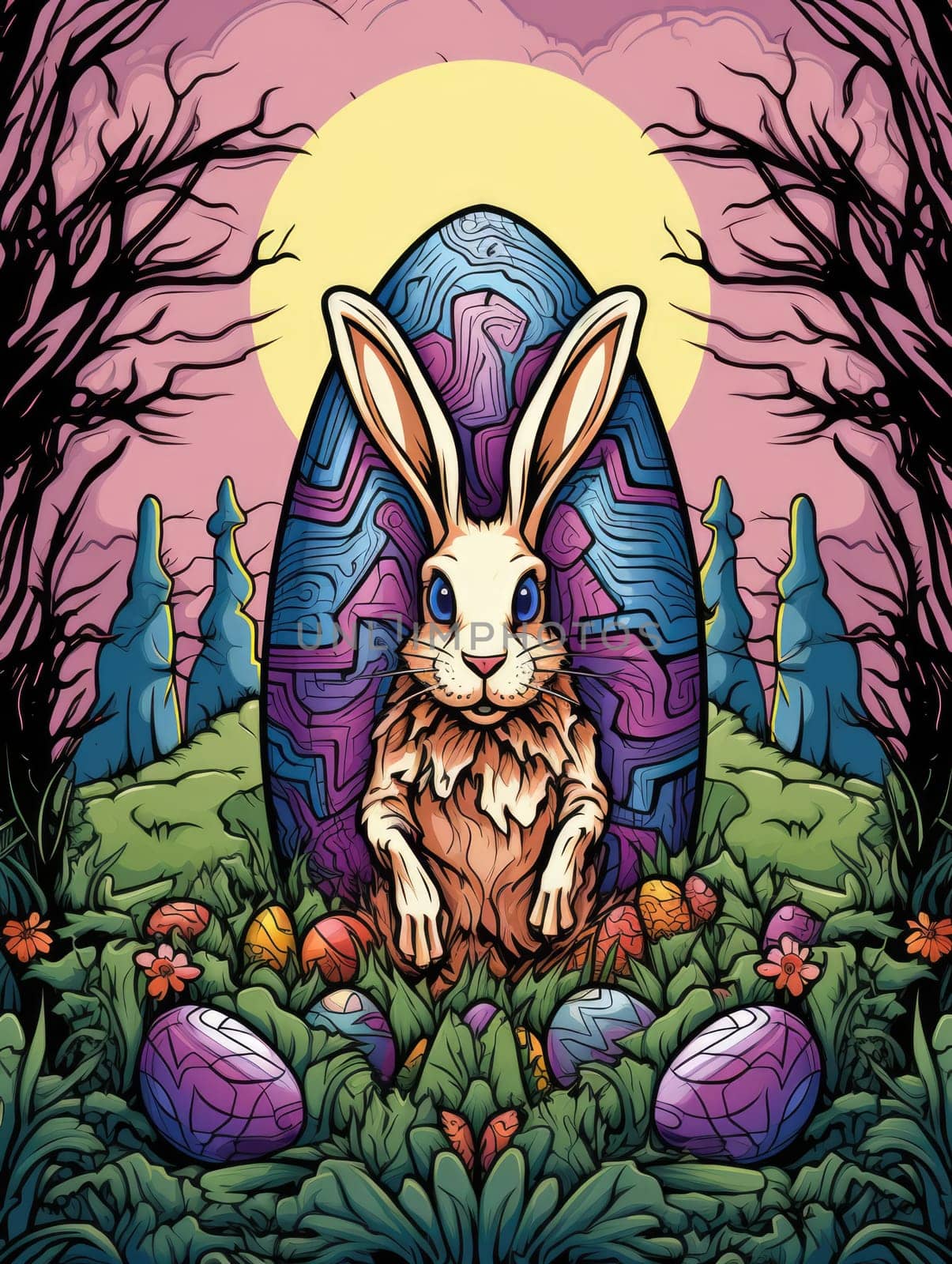 Happy Easter. Cartoon horror illustration of an alternative version of Easter celebration by monster rabbit in a psychedelic pop art style