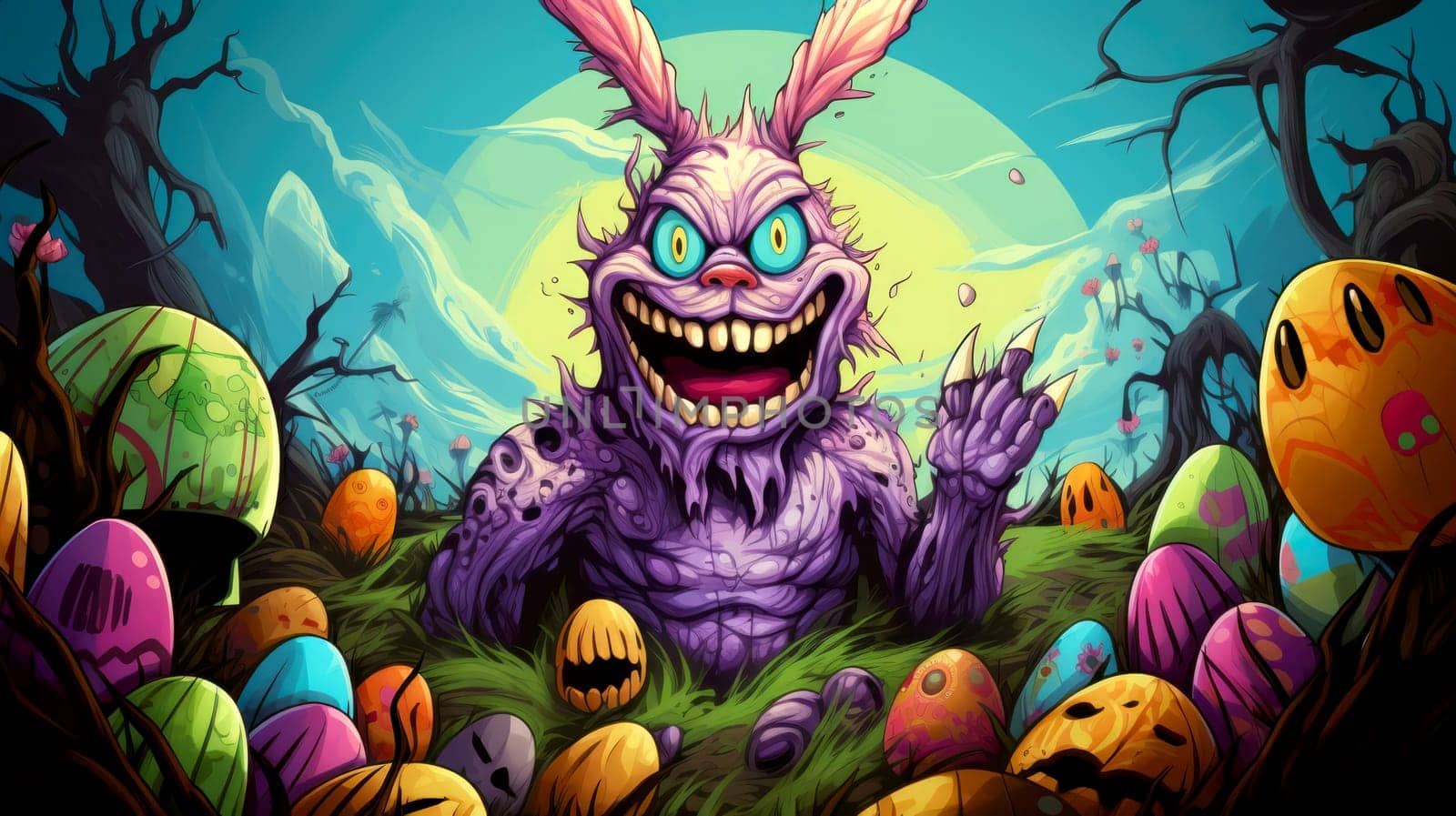 Happy Easter. Cartoon horror illustration of an alternative version of Easter celebration by monster rabbit in a psychedelic pop art style