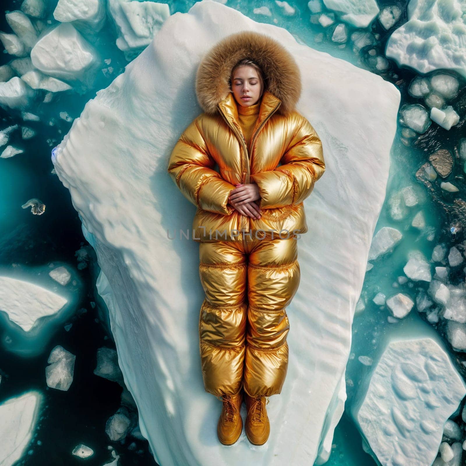 Woman in yellow golden puffer lie on block of ice alone in middle of the ocean climate change poster by verbano