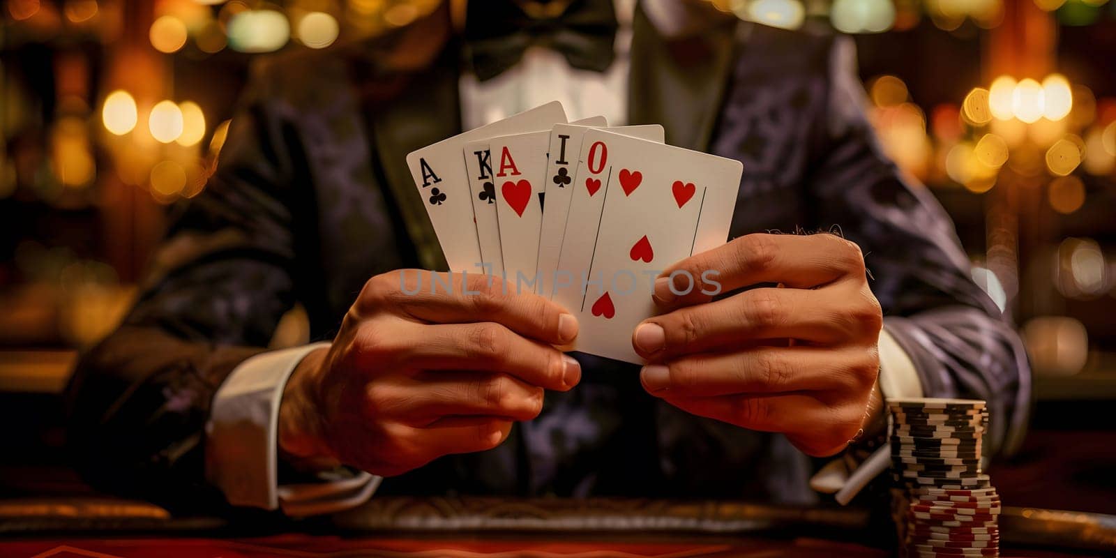Magician shows trick with playing cards. Sleight of hand. Manipulation with props. High quality photo