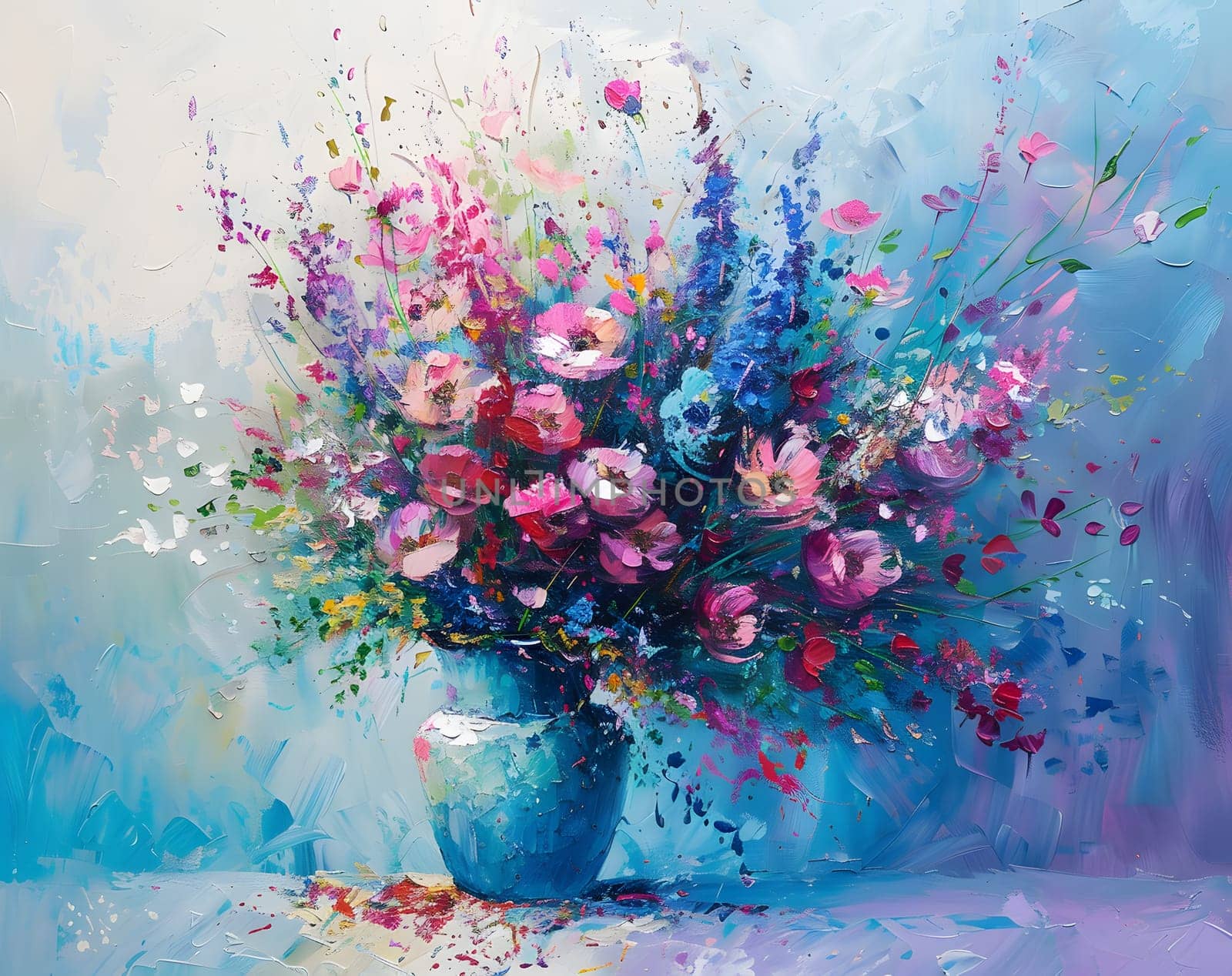 An artistic depiction of colorful flowers in a blue vase resting on a table, showcasing the beauty of nature through paint and liquid strokes