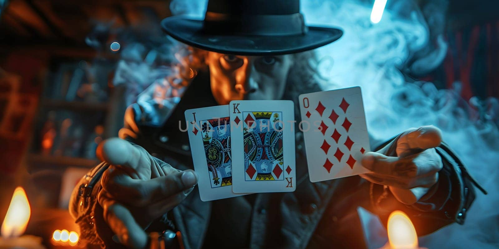Magician shows trick with playing cards. Sleight of hand. Manipulation with props. by Andelov13