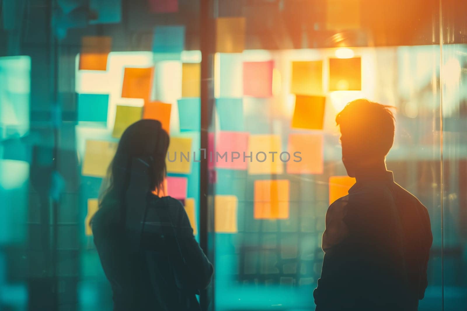 A man and a woman are enjoying a fun event surrounded by a rectangle of art on a glass wall. Sticky notes in shades of magenta and electric blue create a symmetrical visual arts display