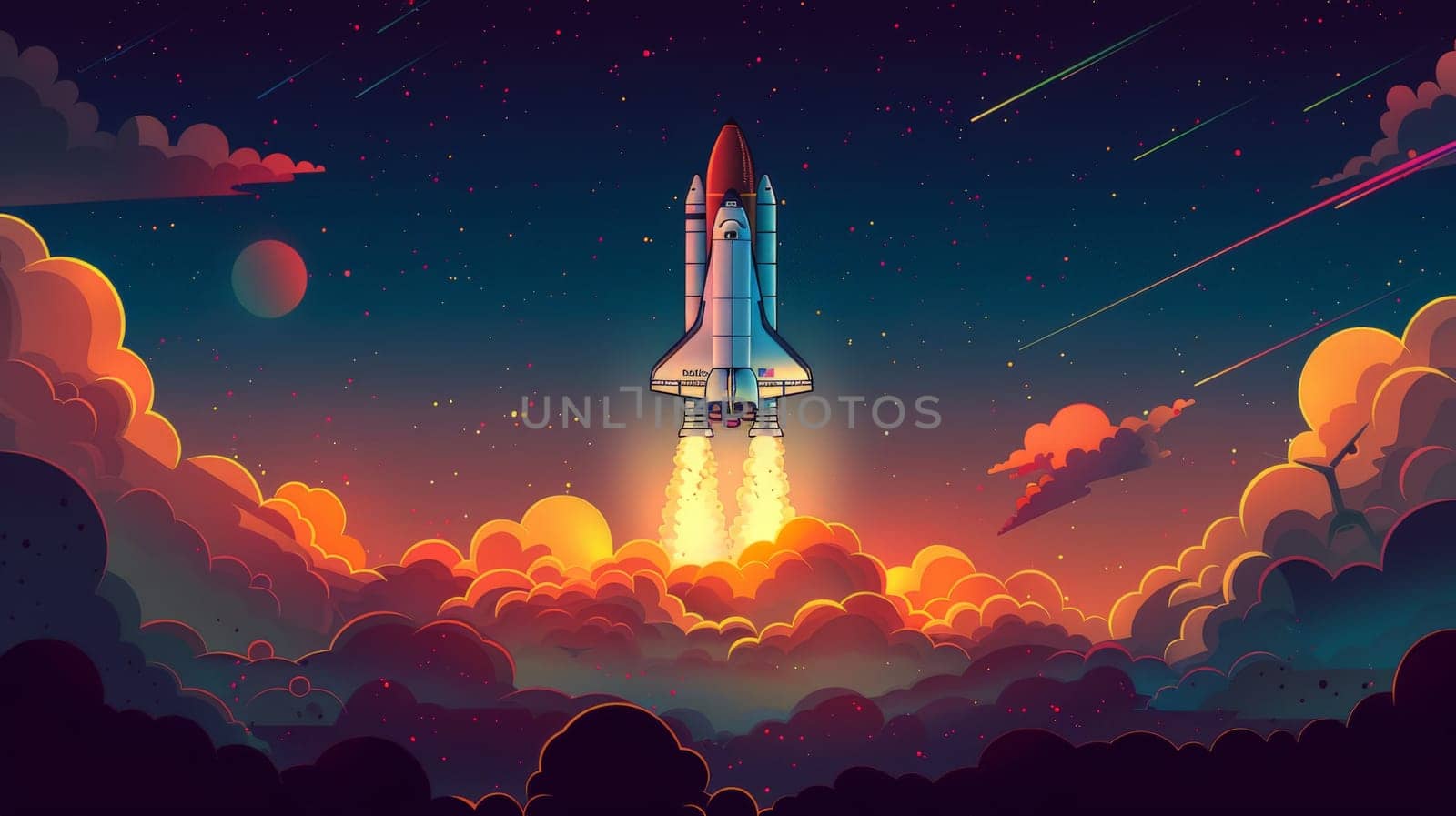 Rocket starts from abstract ground, Spaceship launch with fire and smoke, illustrations.