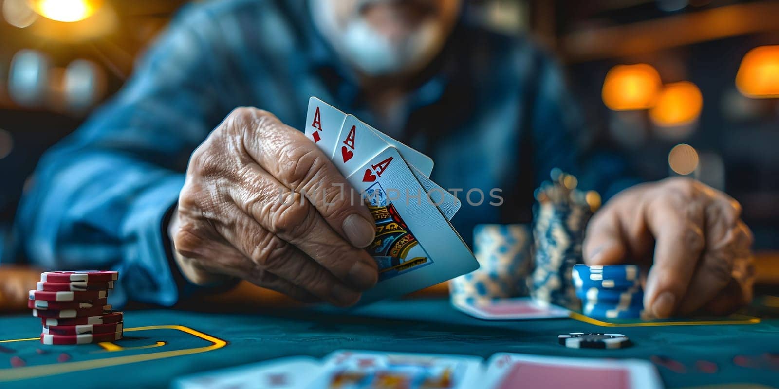 A person playing poker with the four aces of a deck in his hand and poker chips of various colors on a green mat. High quality photo