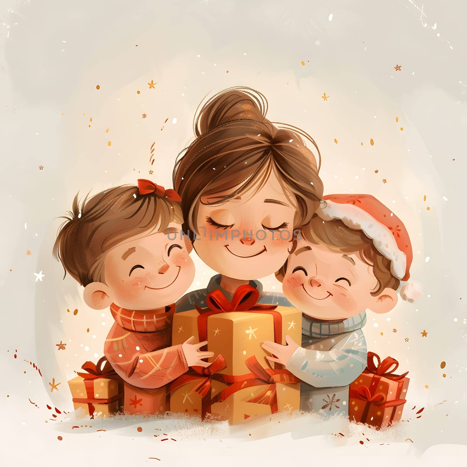Happy family with Christmas gifts, in a festive gesture by Nadtochiy