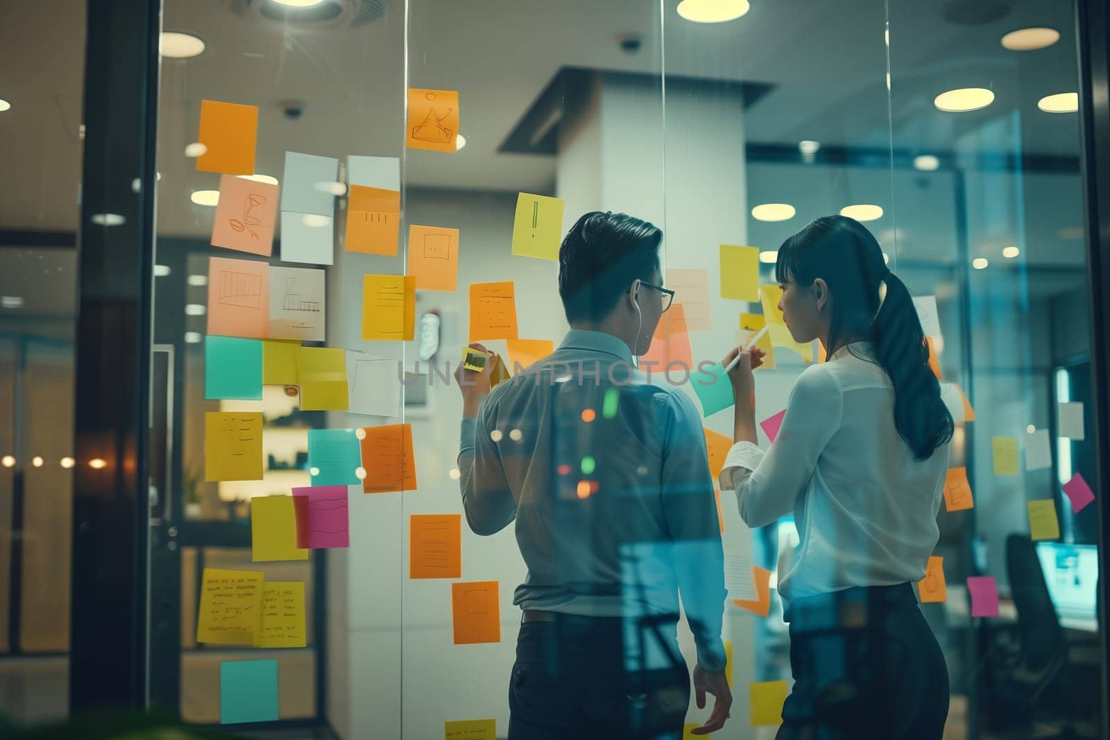 A man and a woman enjoying an art event, standing in front of a glass wall covered in sticky notes. The room is filled with colorful patterns, creating a fun and visually appealing atmosphere