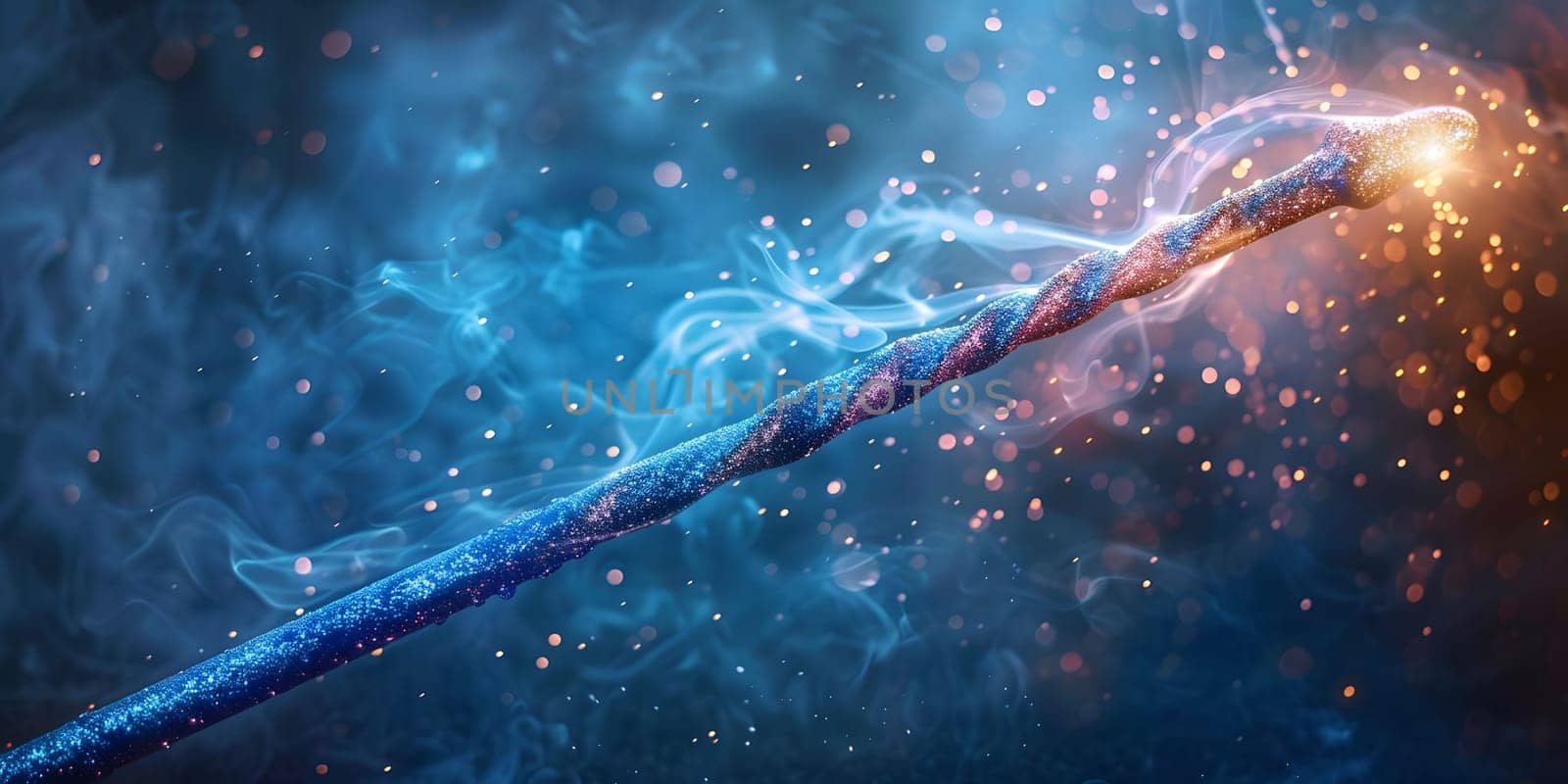 Magic wand with sparkle on blue background, Miracle magical stick Wizard tool on hot blue. by Andelov13