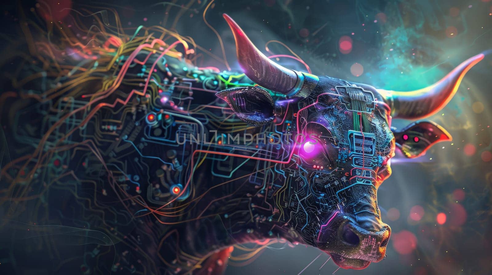 a highly detailed cyber bull with electronic circuit boards and laser eyes, abstract background.