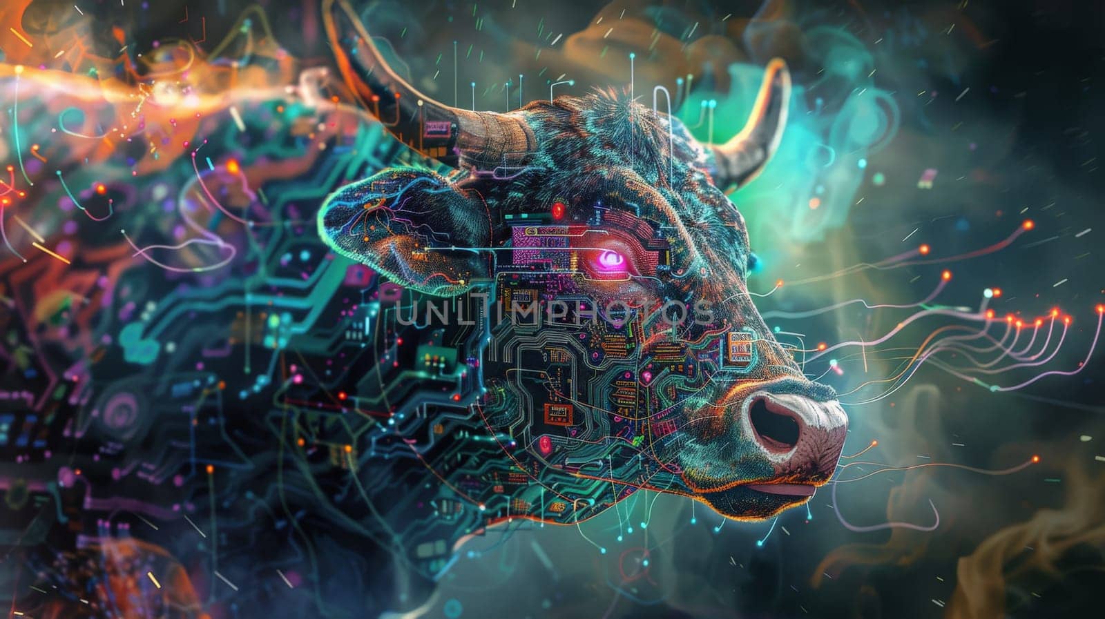 a highly detailed cyber bull with electronic circuit boards and laser eyes, abstract background.