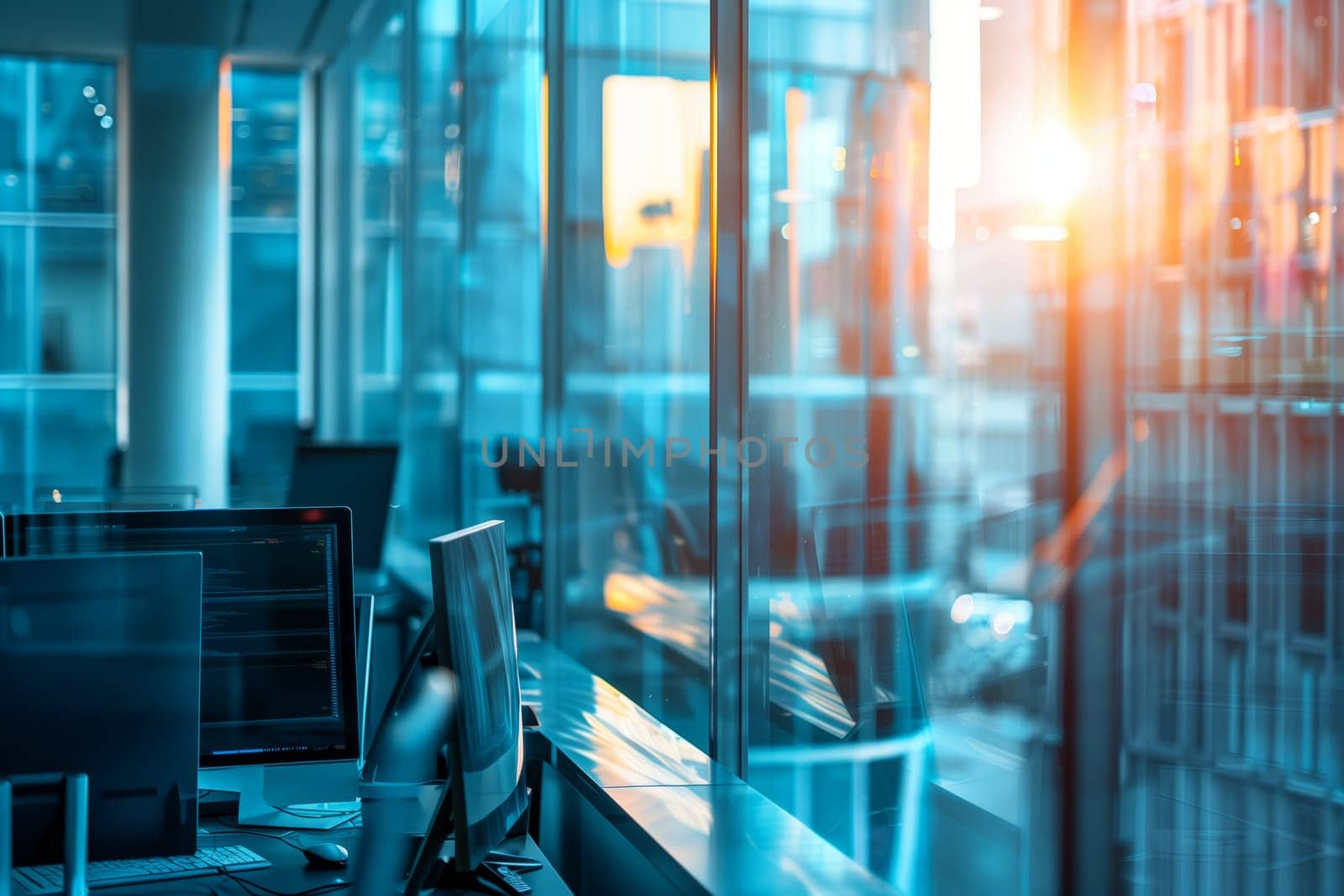 The electric blue sun shines through the aquatinted windows of the office building, casting reflections on computer monitors in the city