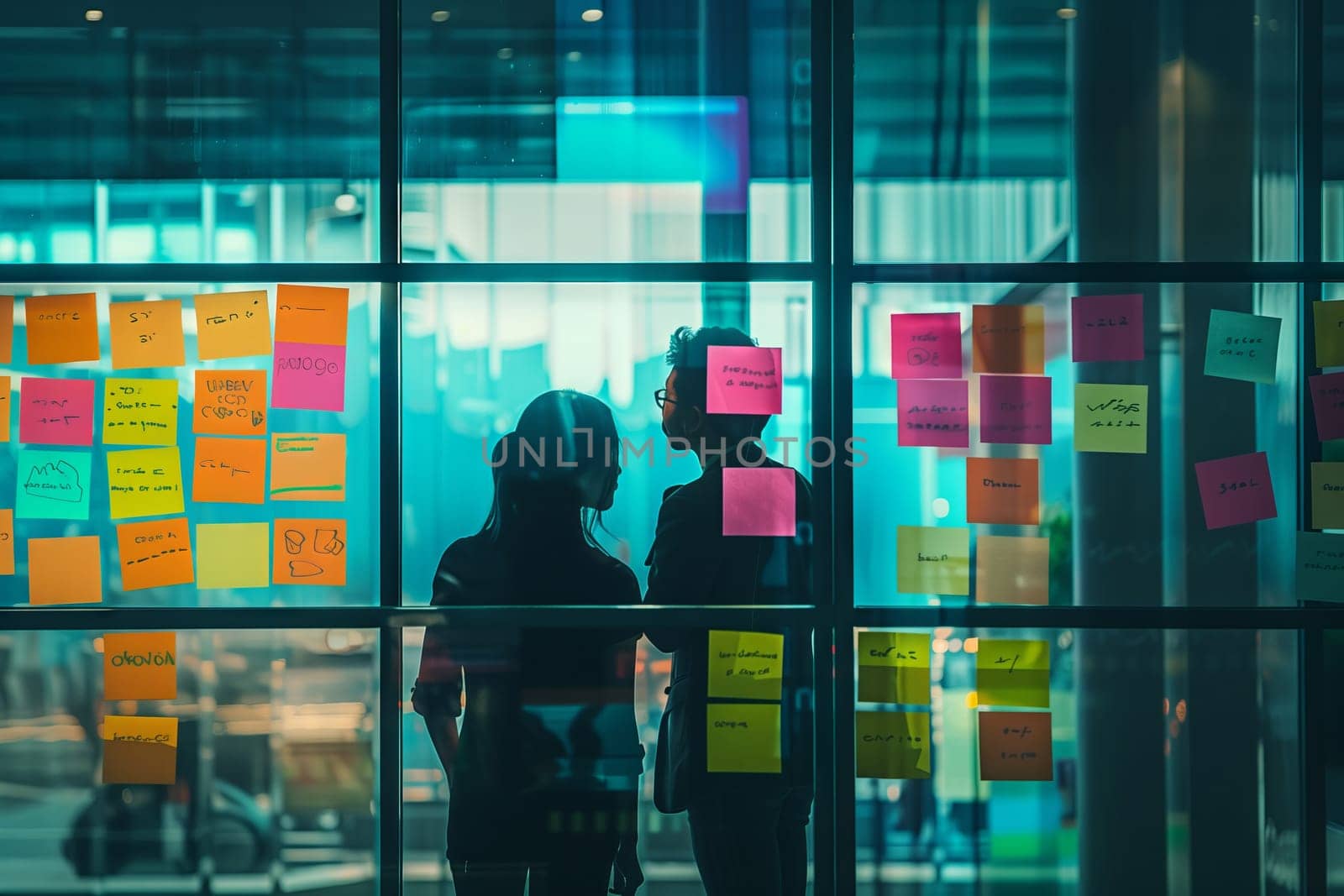 Two people stand in front of a glass window with tinted shades, covered in sticky notes. The electric blue font stands out against the buildings facade, creating a unique display for an event