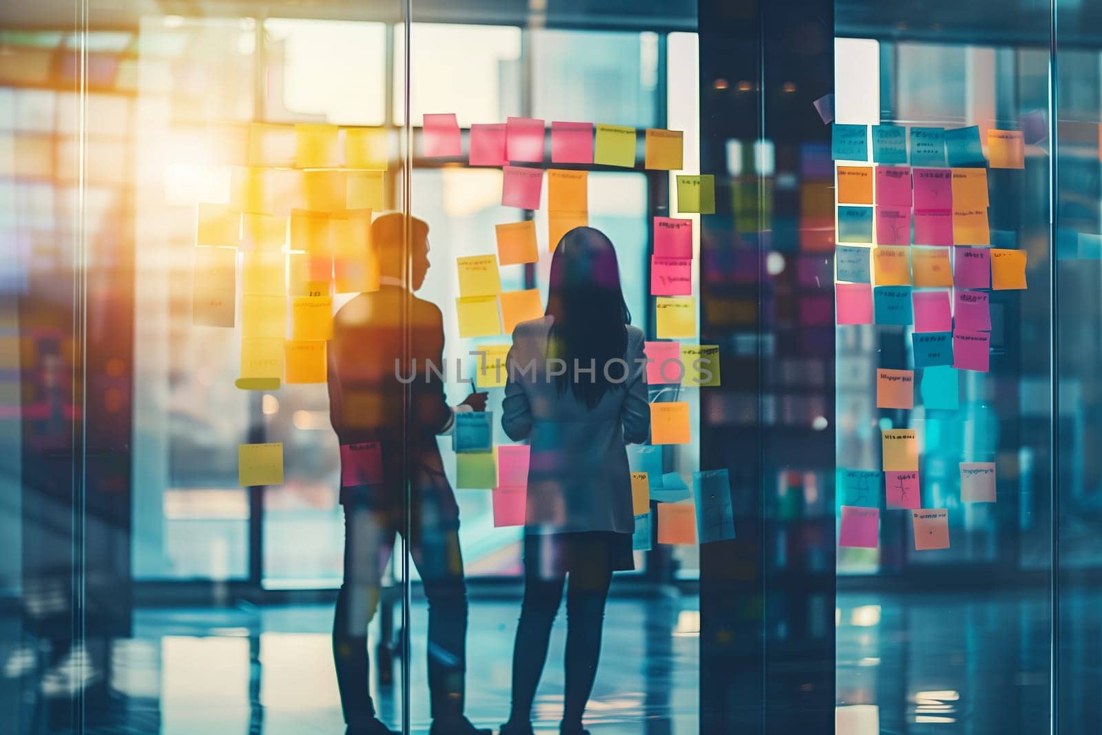 A man and a woman are standing in front of a building facade covered in sticky notes, creating a visual arts event in the city. The glass windows reflect tints and shades of electric blue rectangles