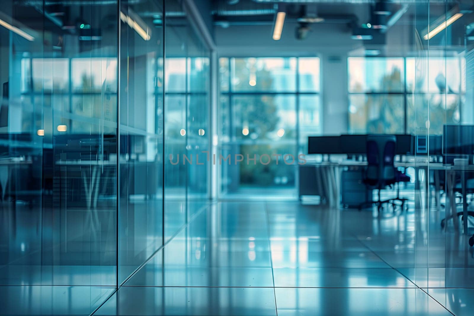 An empty office in a modern building with aqua flooring, electric blue chairs, and glass windows providing symmetry. The space is filled with natural light from the abundance of windows