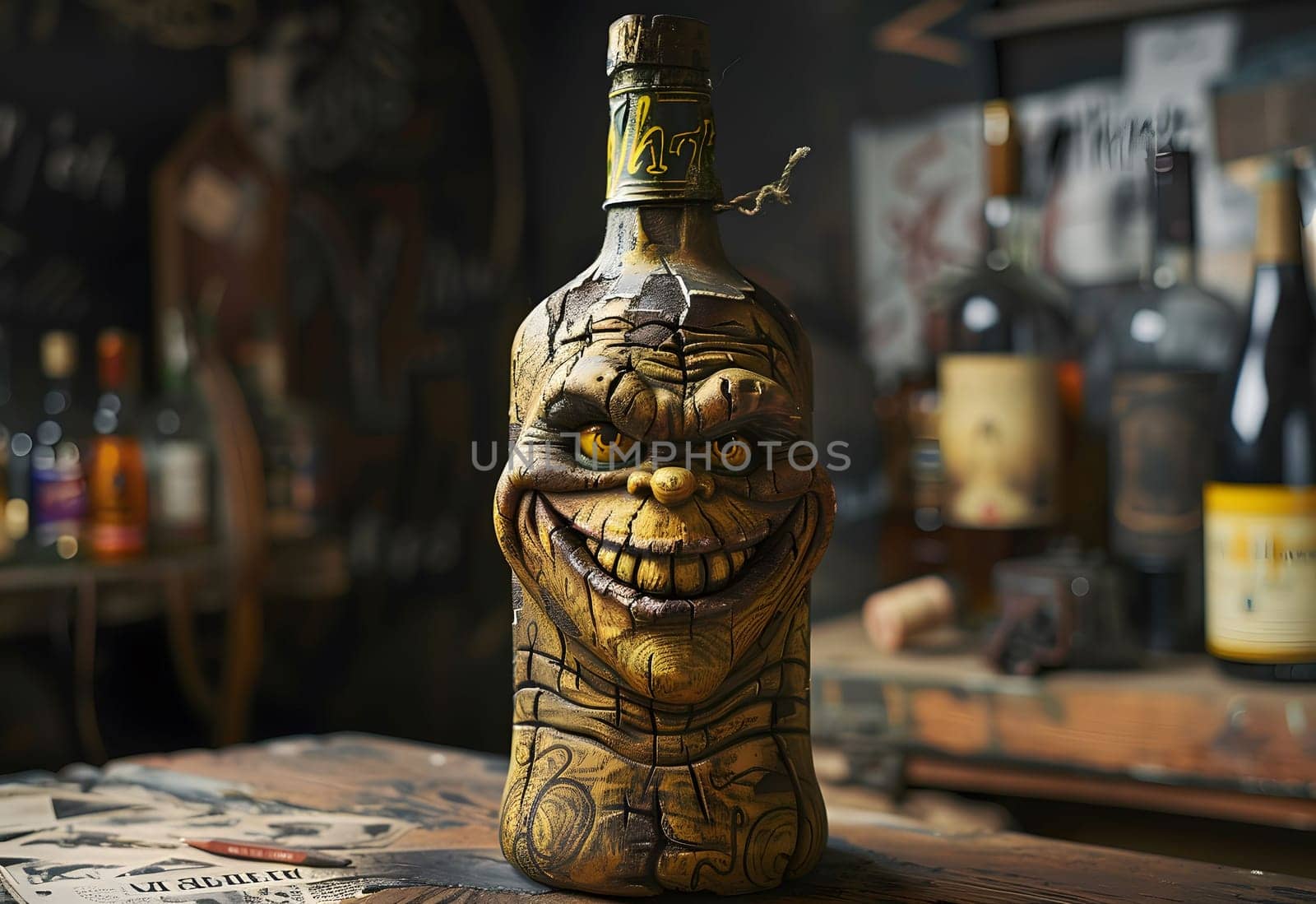 wine bottle that looks like a wooden grinch. High quality photo