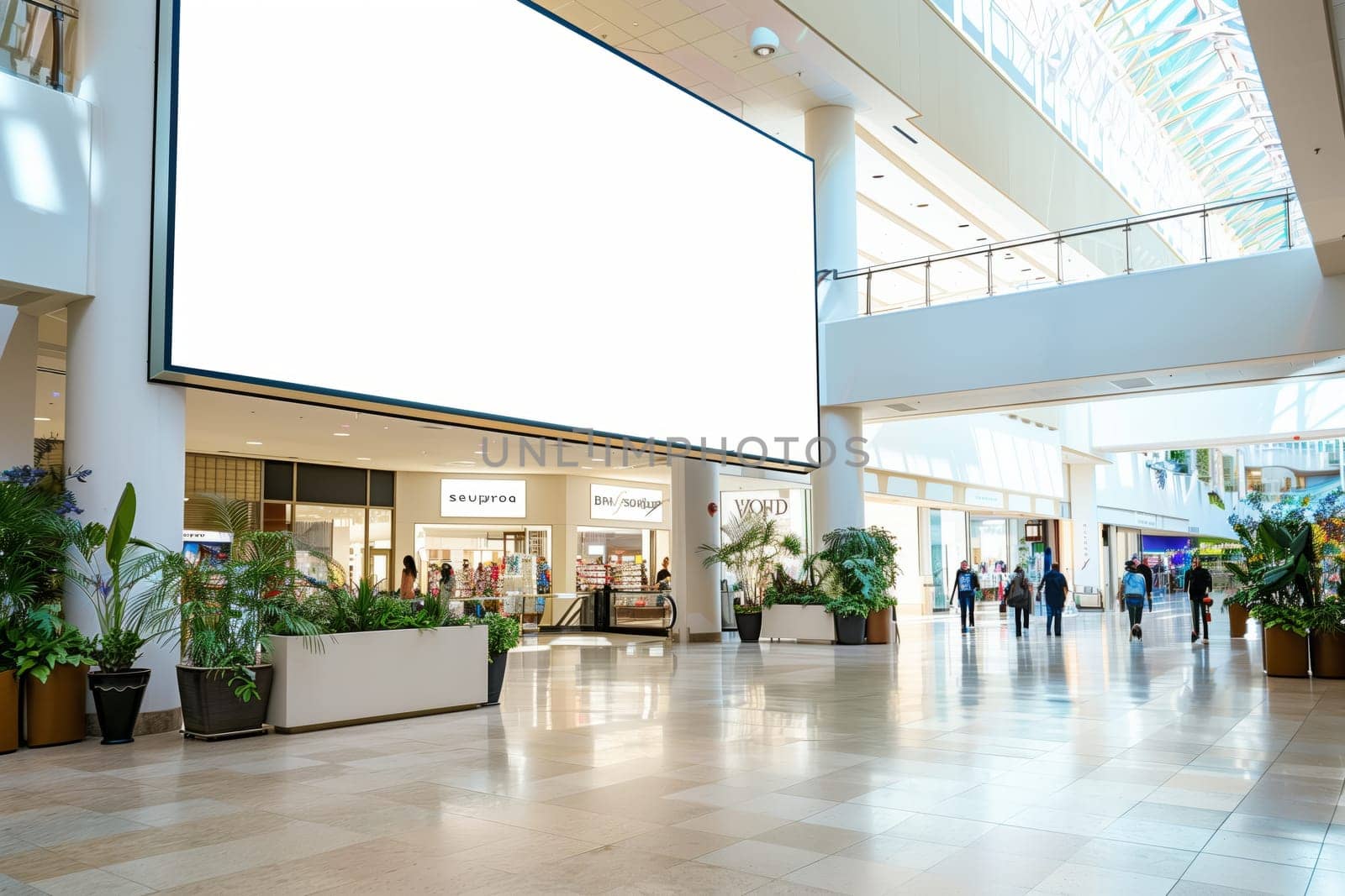 A prominent white billboard stands in the center of the mall, showcasing advertisements for upcoming events and promotions