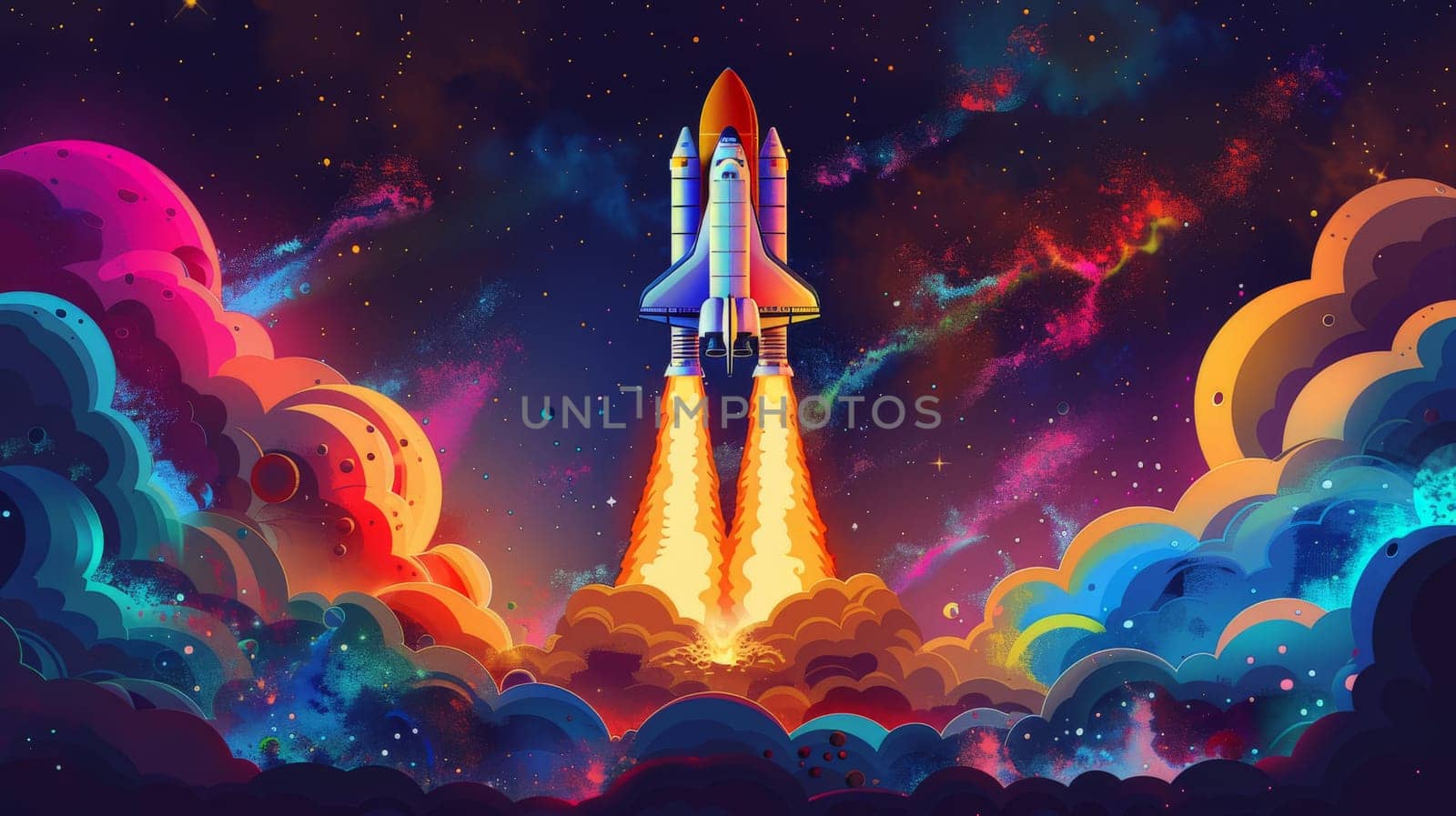 Rocket starts from abstract ground, Spaceship launch with fire and smoke, illustrations.