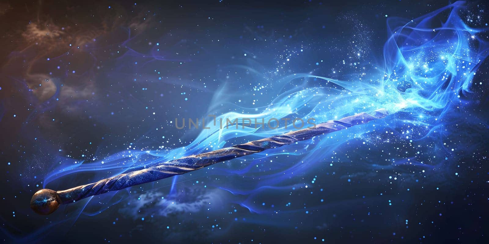 Magic wand with sparkle on blue background, Miracle magical stick Wizard tool on hot blue. by Andelov13