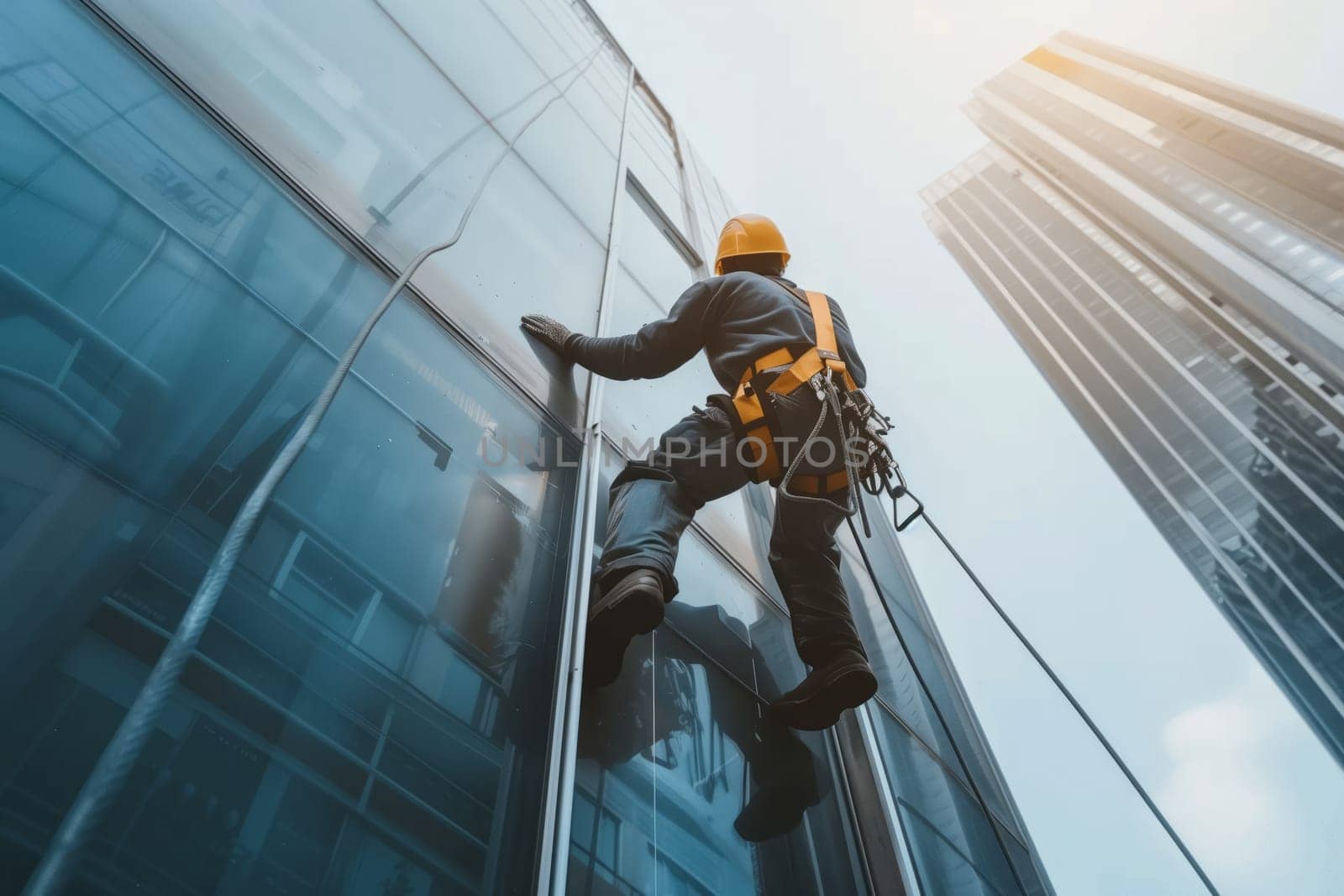 A climber in a helmet scales the skyscraper facade using composite materials. The city skyline and tower blocks below create a dramatic event