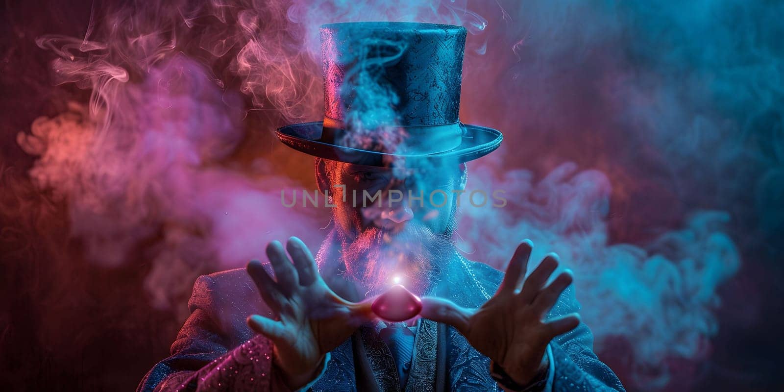 Image of man magician showing trick against color background by Andelov13