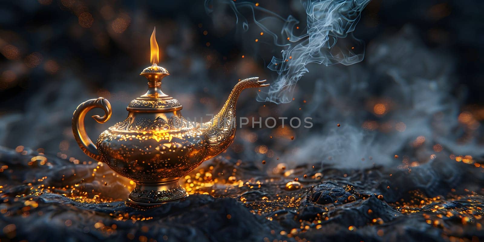 aladdin magic lamp on black with smoke. High quality photo