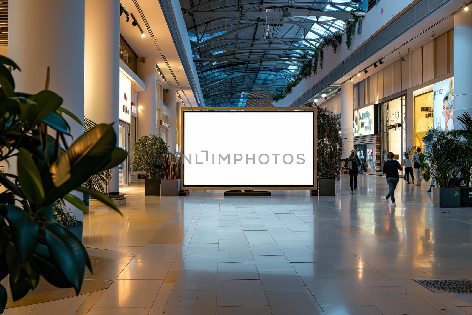 A white billboard stands prominently in the center of a bustling shopping mall, surrounded by various stores and fixtures like flooring and ceiling features