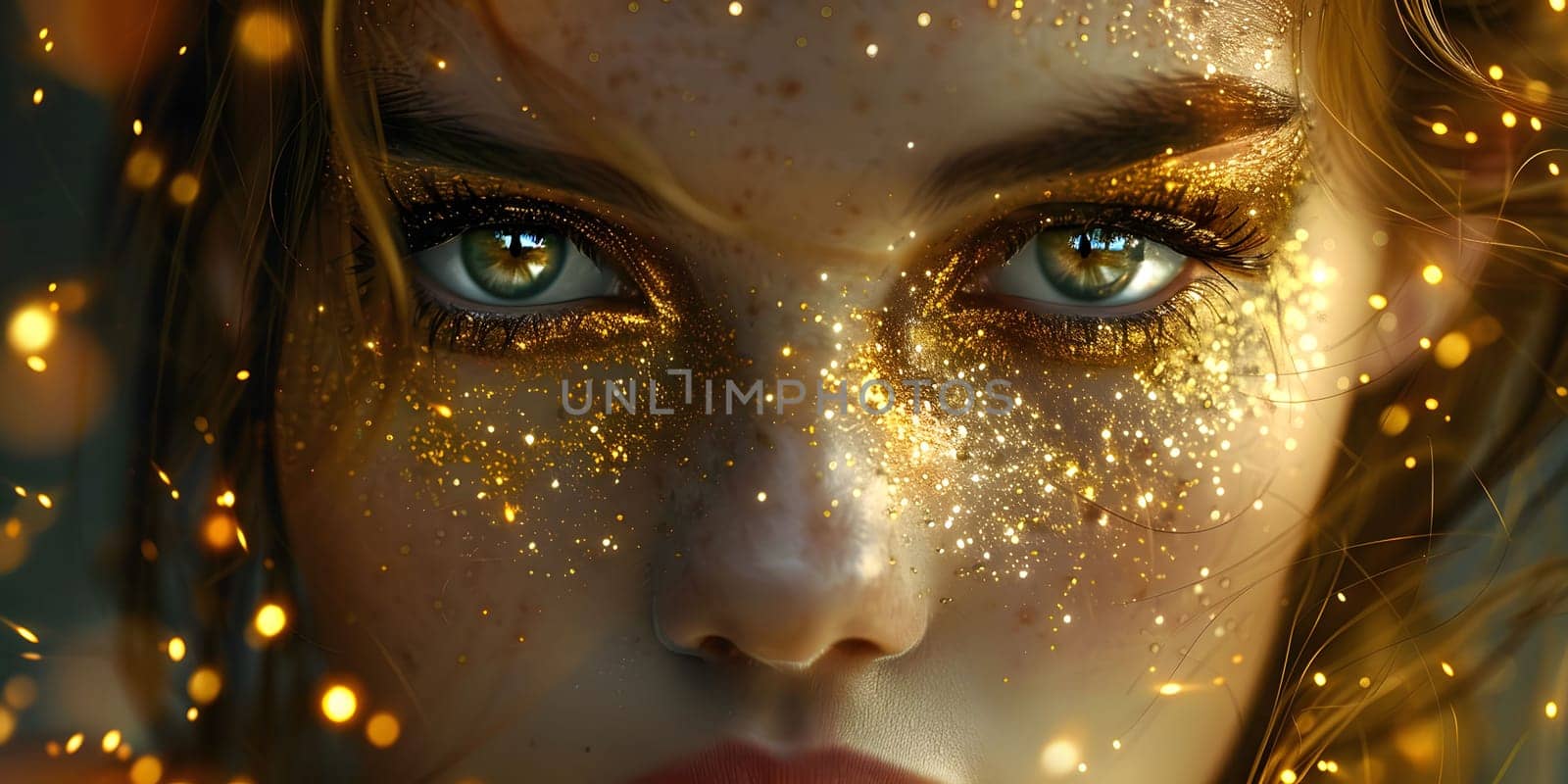 Macro and close-up creative make-up theme: beautiful female eye with golden shadows and yellow diamonds, retouched photo by Andelov13