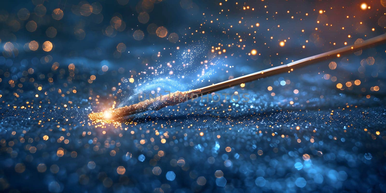 Magic wand with sparkle on blue background, Miracle magical stick Wizard tool on hot blue. High quality photo