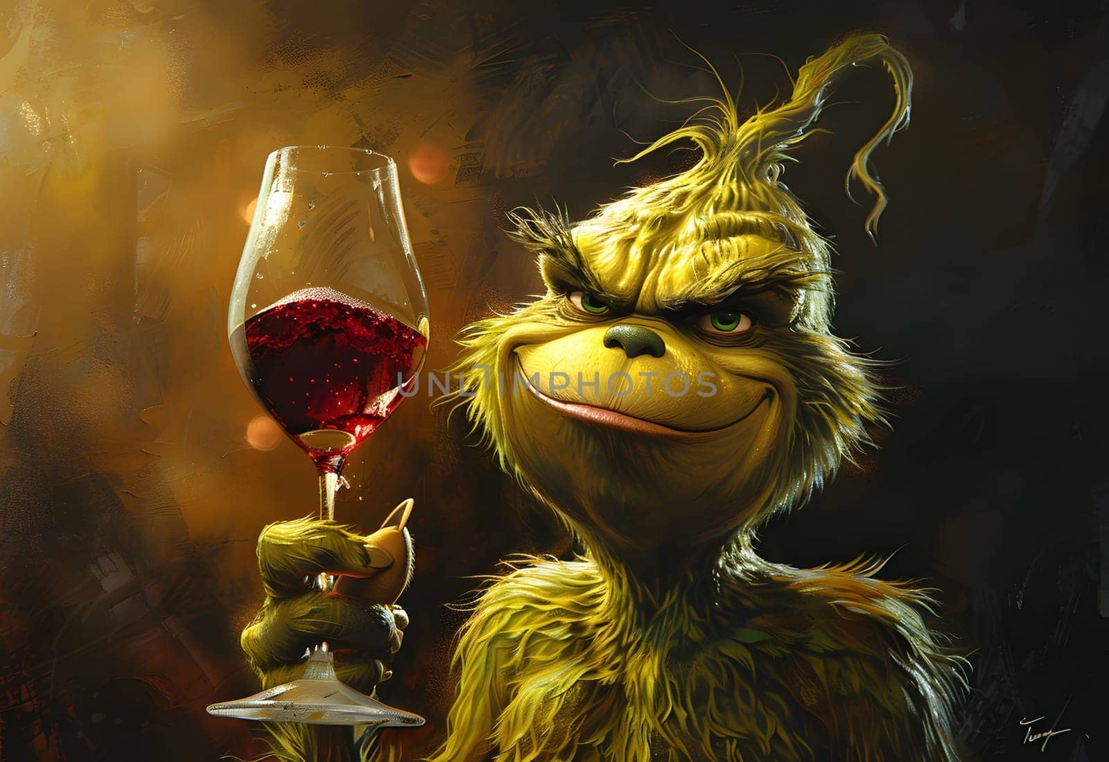 grinch is holding a wine. High quality photo
