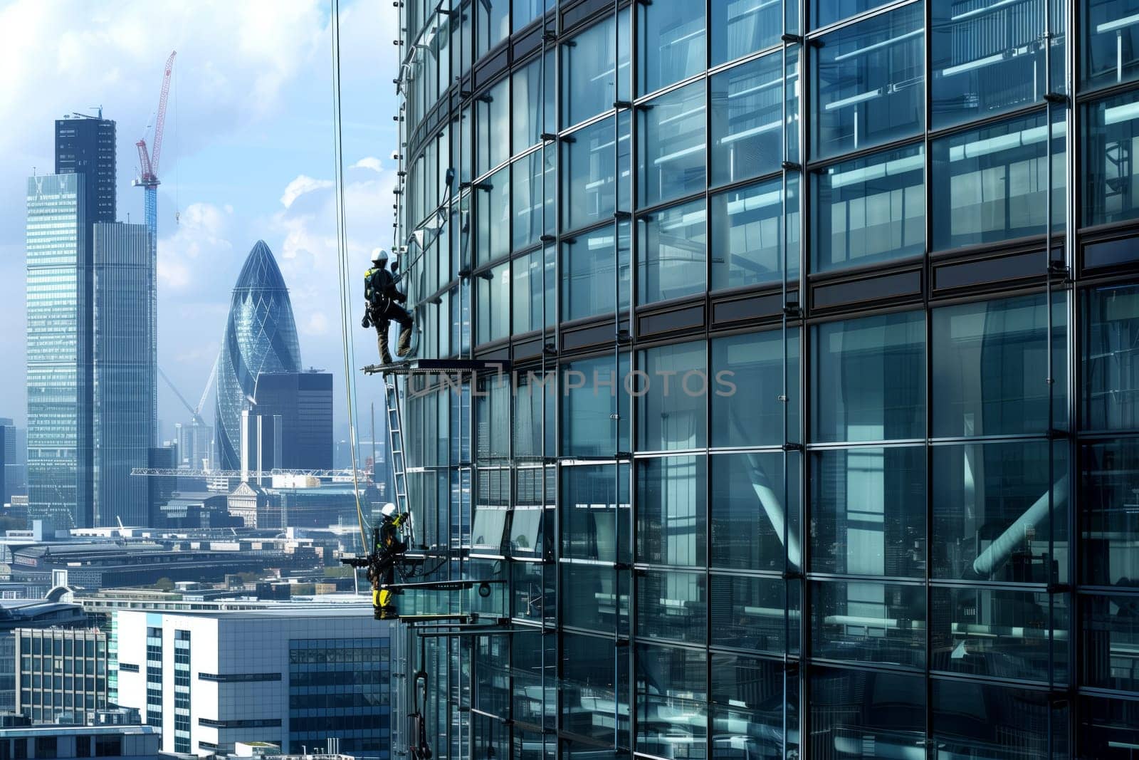 A man is cleaning the windows of a skyscraper in the city, with the urban design creating a striking backdrop against the cloudy sky