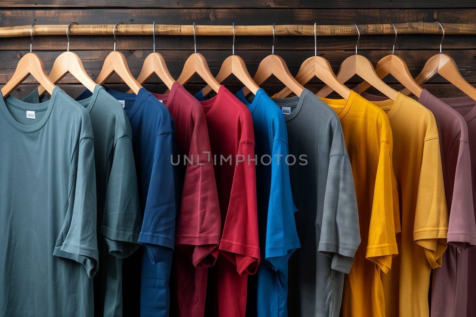 A row of blue tshirts hanging on clothes hangers in a closet, showcasing a mix of fashion and textile products on wooden furniture under a light