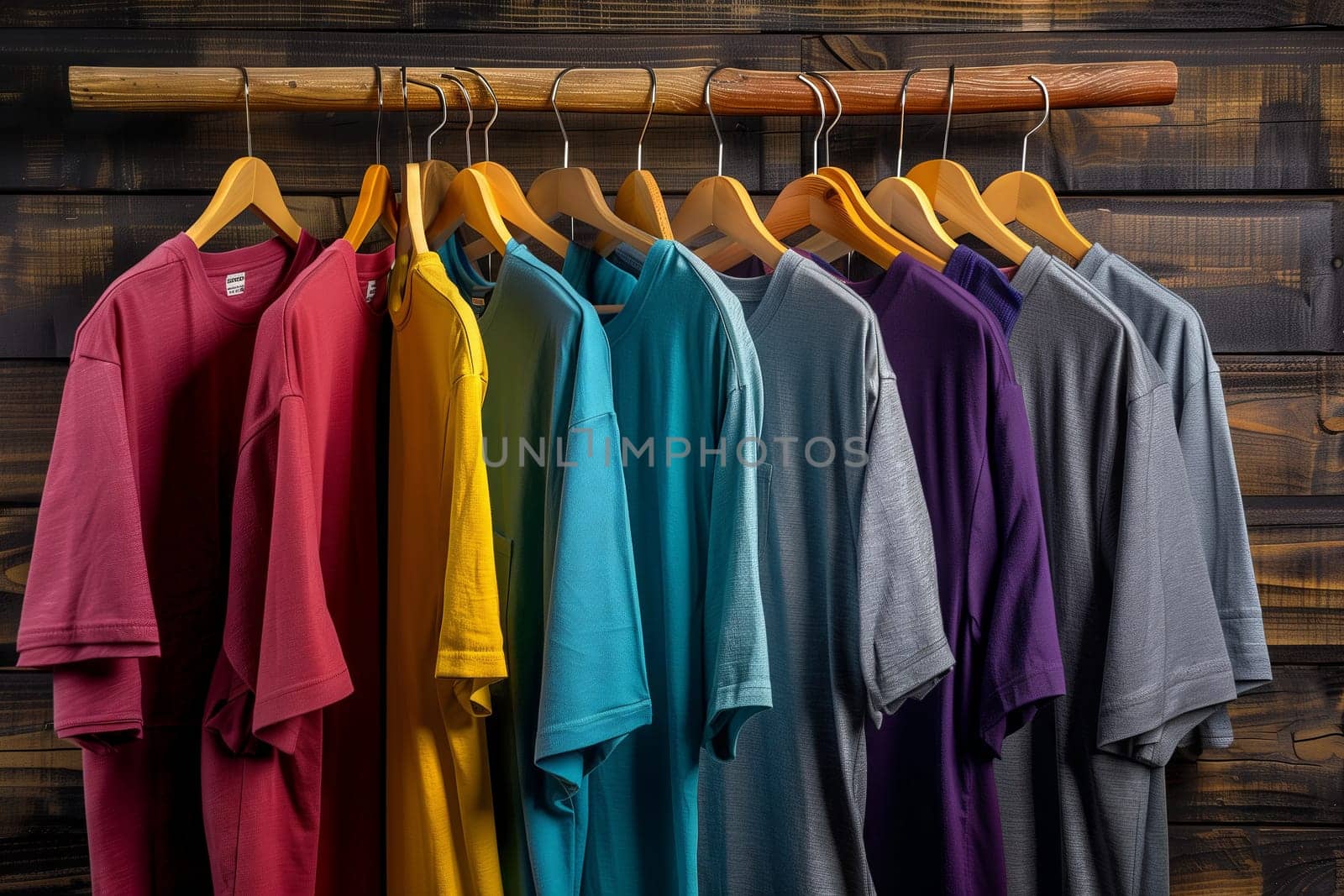 Colorful tshirts on wooden rack, showcasing fashion design and textiles by richwolf