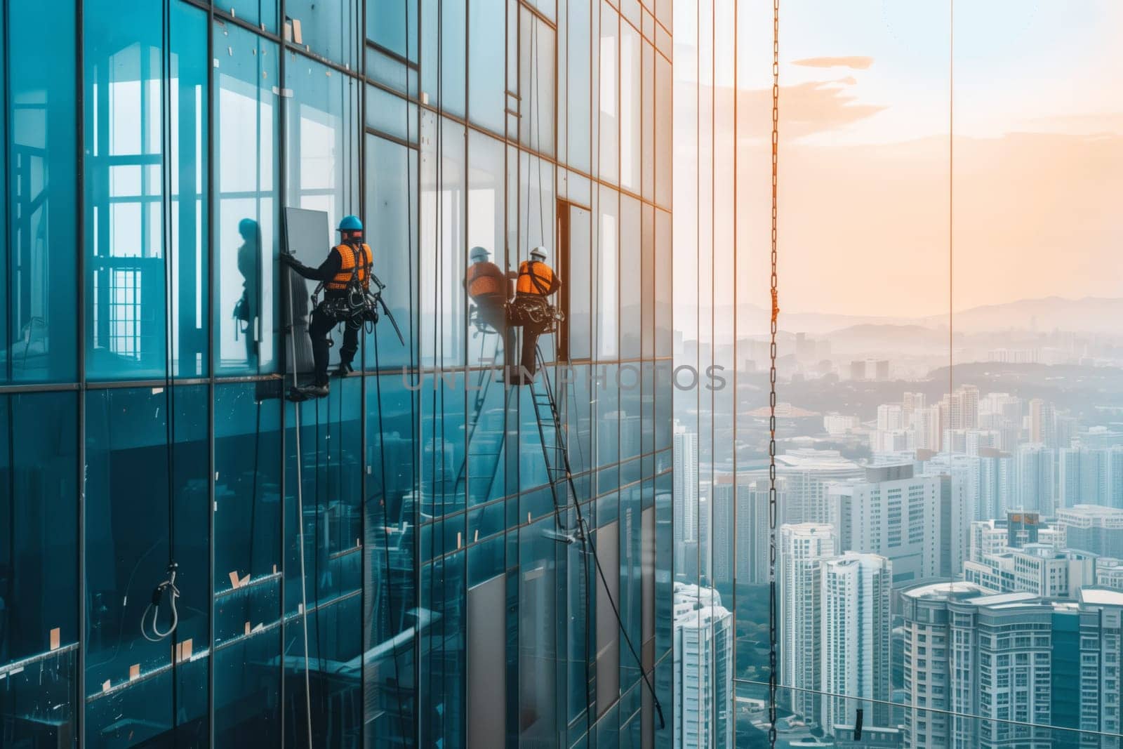 A team of workers is washing the windows of a towering skyscraper, surrounded by azure skies and fluffy white clouds, blending with the buildings modern architecture