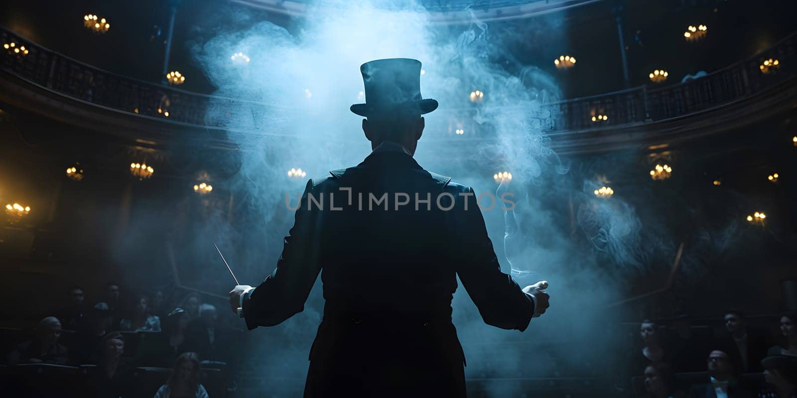 Showman presents his show, spreading his hands to the sides. The guy in the purple camisole and the cylinder. Bright tailcoat, suit. High quality photo