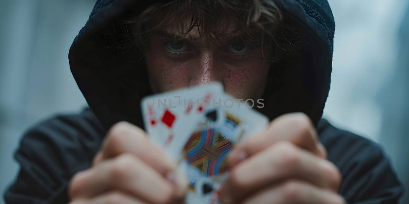 Magician show with playing cards. On grey background. High quality photo