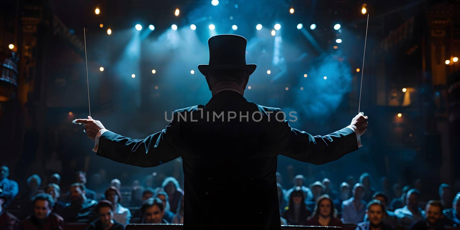 Showman presents his show, spreading his hands to the sides. The guy in the purple camisole and the cylinder. Bright tailcoat, suit. High quality photo