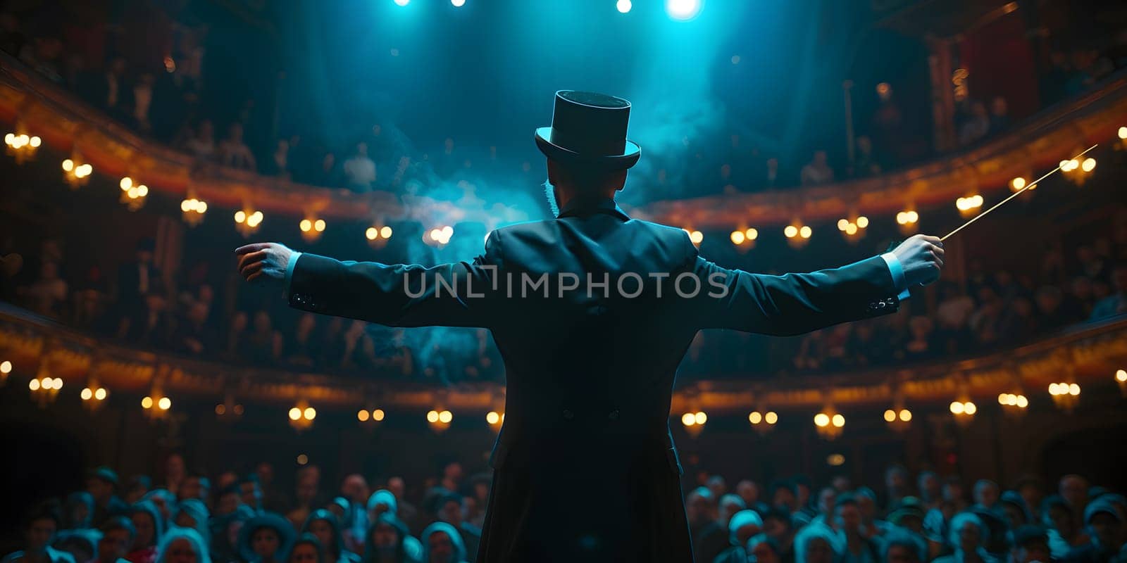 Showman presents his show, spreading his hands to the sides. The guy in the purple camisole and the cylinder. Bright tailcoat, suit. High quality photo