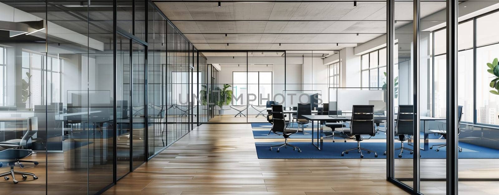 The building features an empty office with numerous windows and glass walls, showcasing a modern design with hardwood flooring and wood fixtures. Lush plants add a touch of greenery to the space