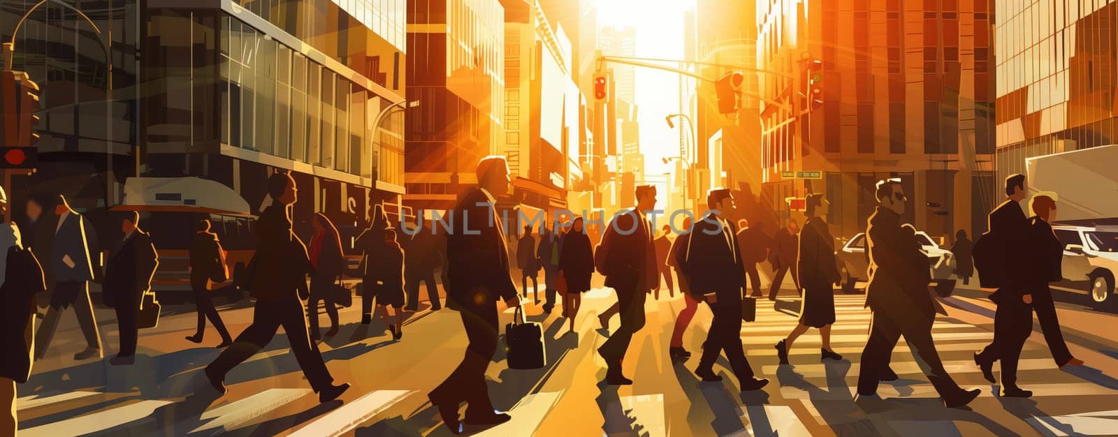 A crowd of people at a public event walking across city street at sunset by richwolf