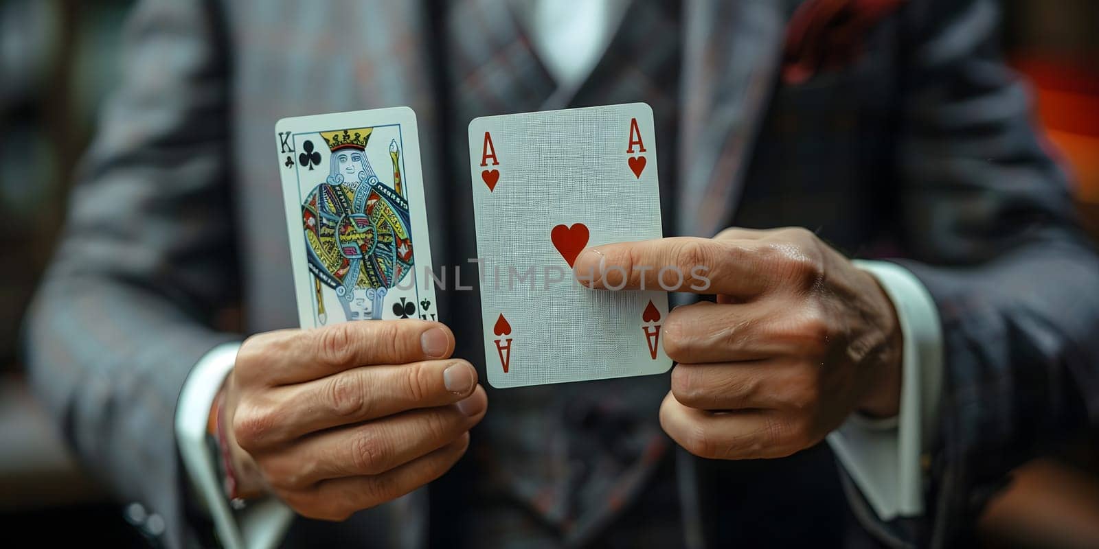 Magician show with playing cards. On grey background. High quality photo