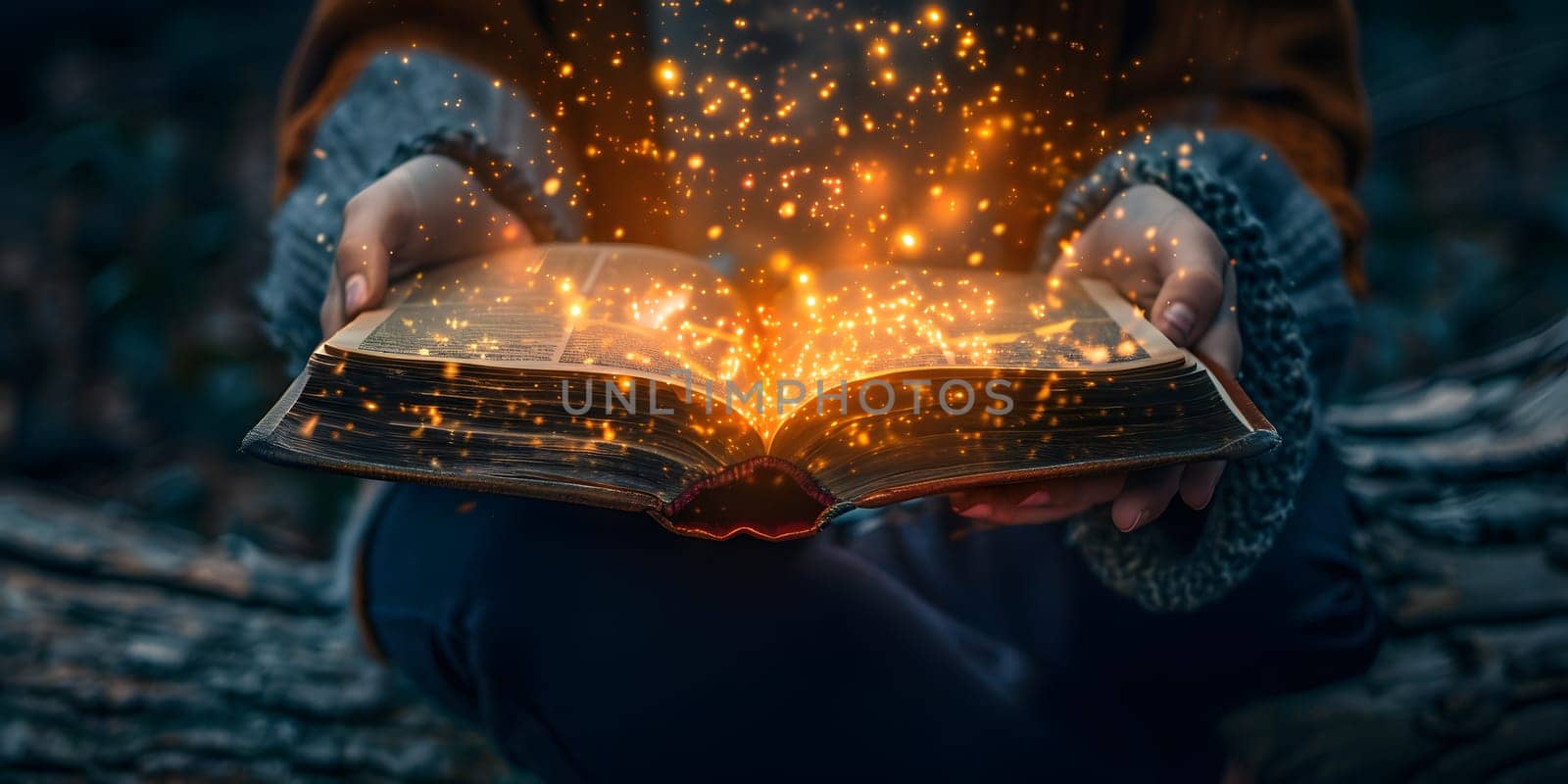 Cute little boy reading magic book on dark background. High quality photo