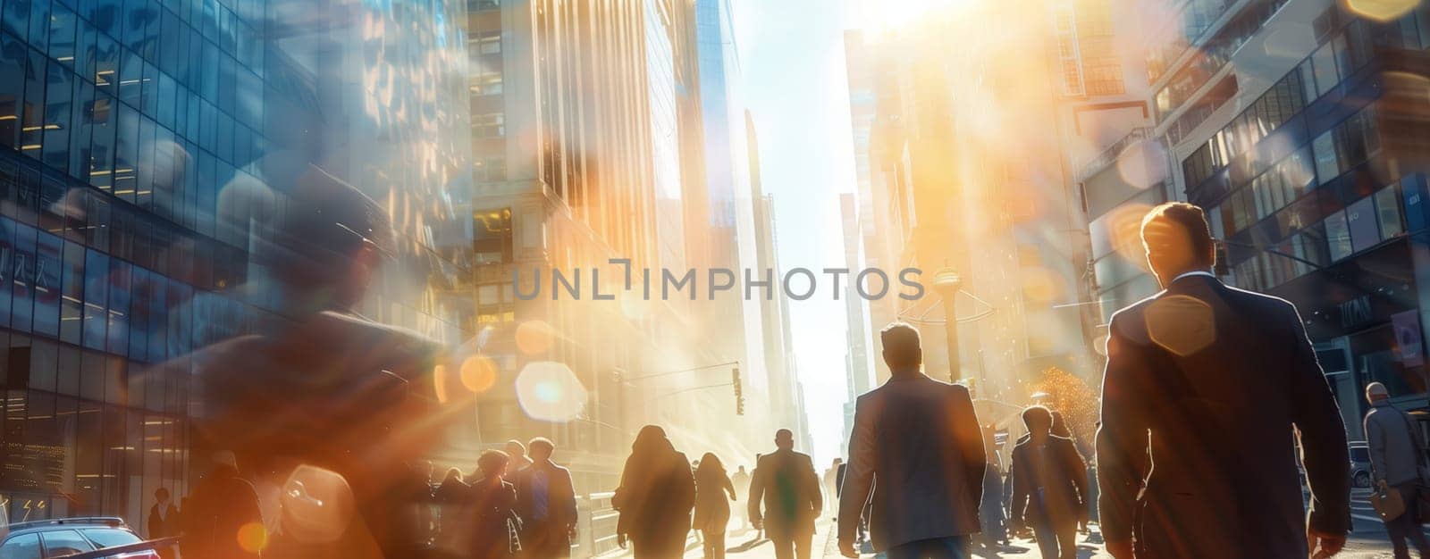 A group of people are strolling down a bustling city street, enjoying the urban landscape filled with towering buildings and glass skyscrapers on a hot day
